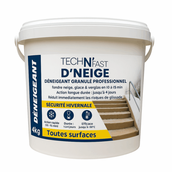 Seau de déneigeant granulé professionnel TECHN’Fast D’Neige – fond rapidement neige, glace et verglas jusqu’à -50°C sur toutes surfaces
