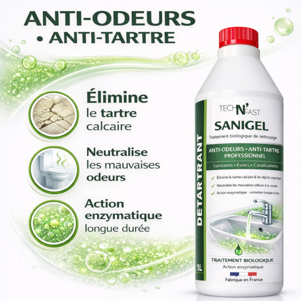 Infographie SANIGEL anti-odeurs et anti-tartre : élimine le tartre calcaire, neutralise les mauvaises odeurs et action enzymatique longue durée