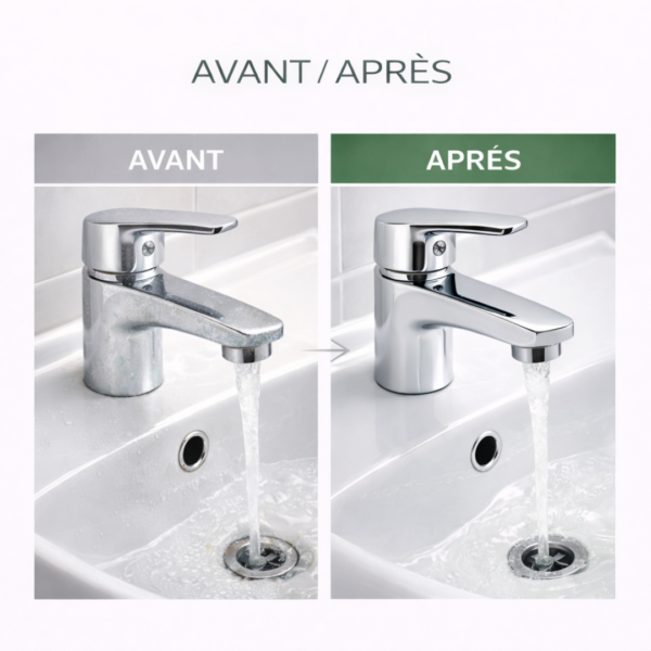 Visuel avant après robinetterie : traces de calcaire et gouttes d’eau avant nettoyage, robinet et lavabo brillants après nettoyage