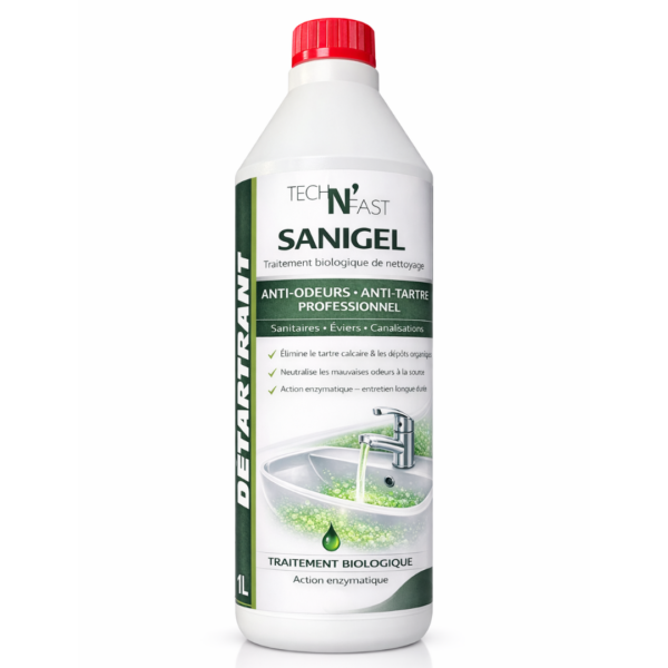Bouteille de SANIGEL, détartrant biologique anti-odeurs et anti-tartre pour sanitaires, éviers et canalisations (1L)