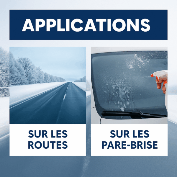 Dégivrant déneigeant liquide professionnel utilisé sur les routes et pare-brises pour faire fondre la glace et la neige rapidement.