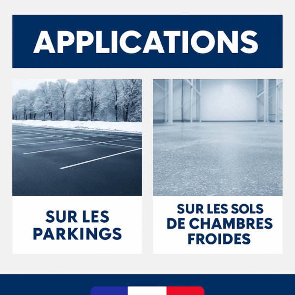 Dégivrant déneigeant liquide professionnel DEVERLIQ utilisé sur les parkings et les sols de chambres froides pour éliminer la glace et prévenir le verglas.
