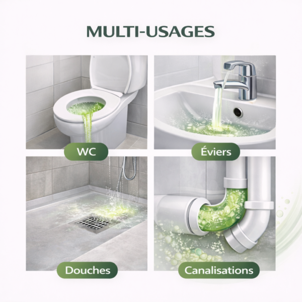 Infographie multi-usages SANIGEL : WC, éviers, douches et canalisations pour l’entretien complet des sanitaires