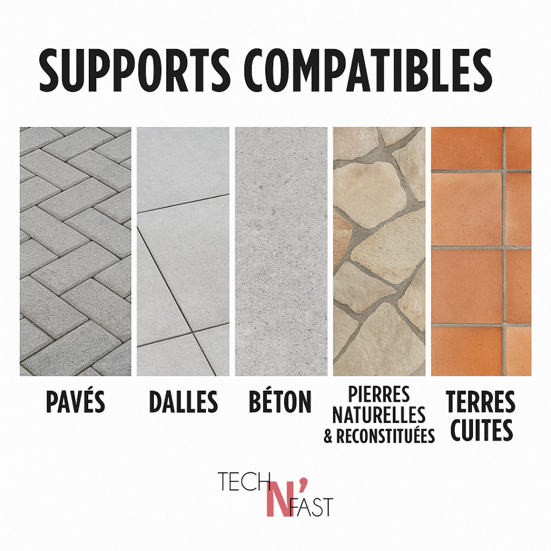supports compatibles hydrofuge sol extérieur : pavés, dalles, béton, pierres naturelles, terres cuites