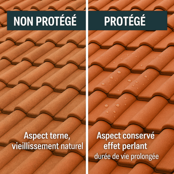 Comparatif toiture terre cuite non protégée et protégée avec hydrofuge toiture terre cuite béton