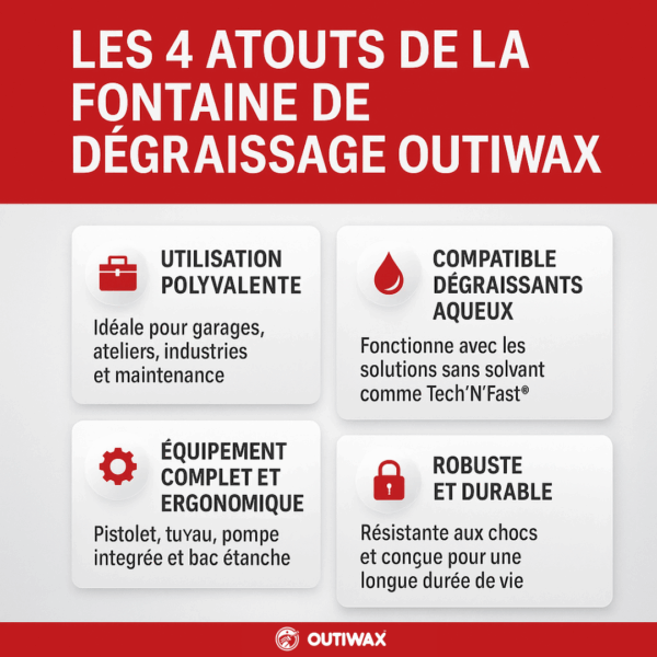 Les 4 atouts de la fontaine de dégraissage Outiwax : utilisation polyvalente, compatibilité dégraissants aqueux, équipement complet et conception robuste.