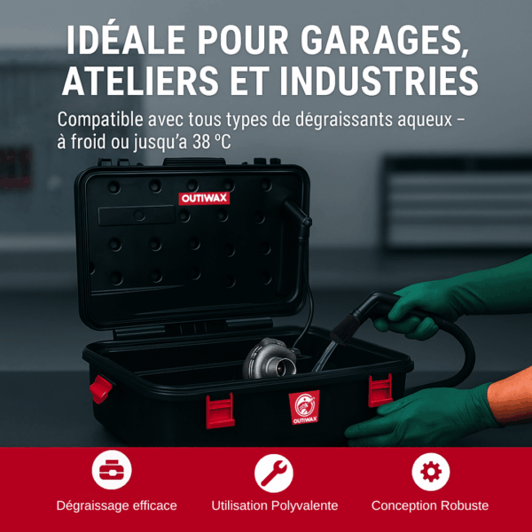 Fontaine de dégraissage mobile Outiwax utilisée en atelier, compatible avec les dégraissants aqueux jusqu’à 38°C, montrée en situation de nettoyage d’une pièce mécanique.
