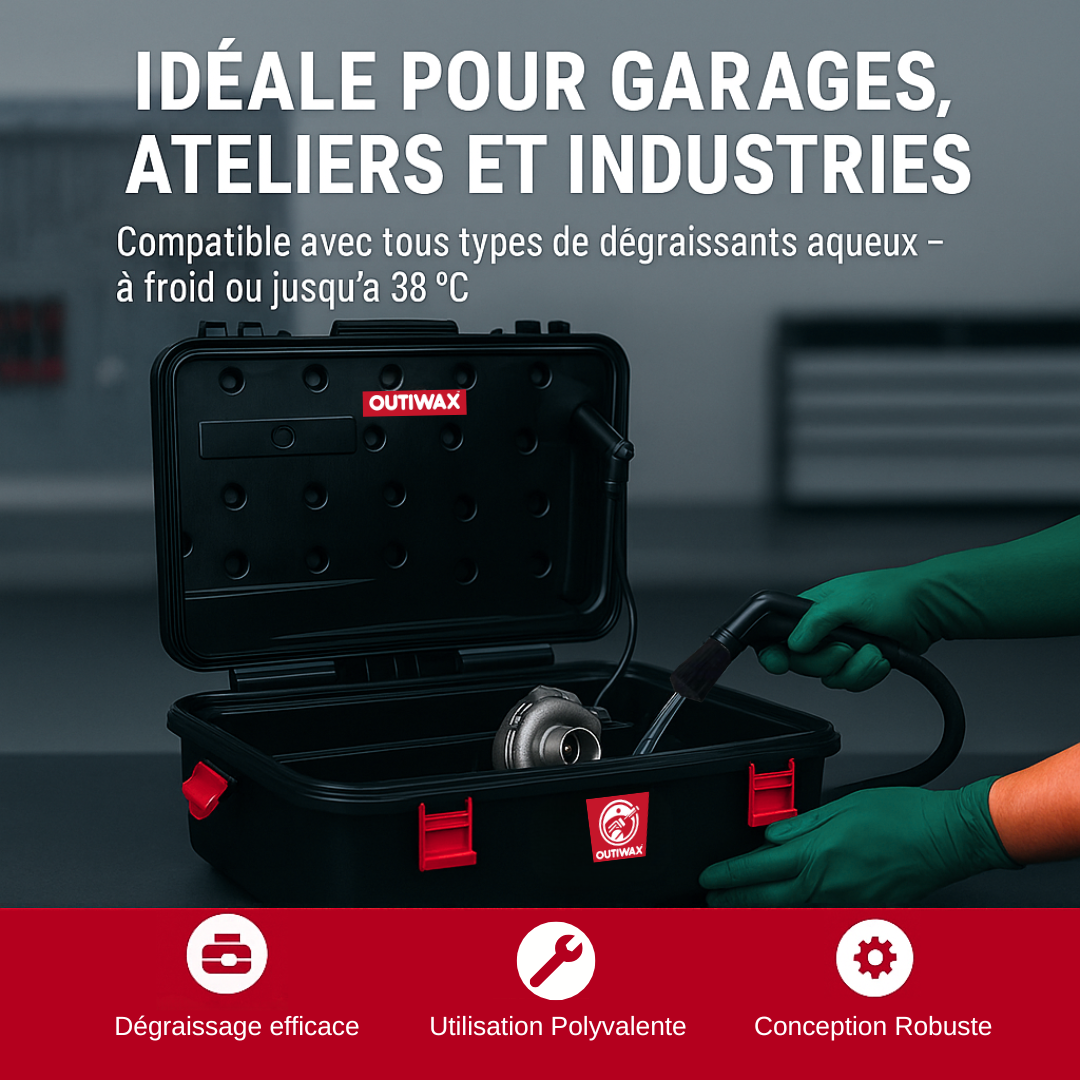 Fontaine de dégraissage mobile Outiwax utilisée en atelier, compatible avec les dégraissants aqueux jusqu’à 38°C, montrée en situation de nettoyage d’une pièce mécanique.