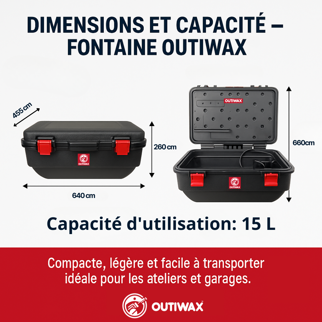 Dimensions de la fontaine de dégraissage mobile Outiwax, avec vue fermée et ouverte, indiquant une capacité d’utilisation de 15 litres.