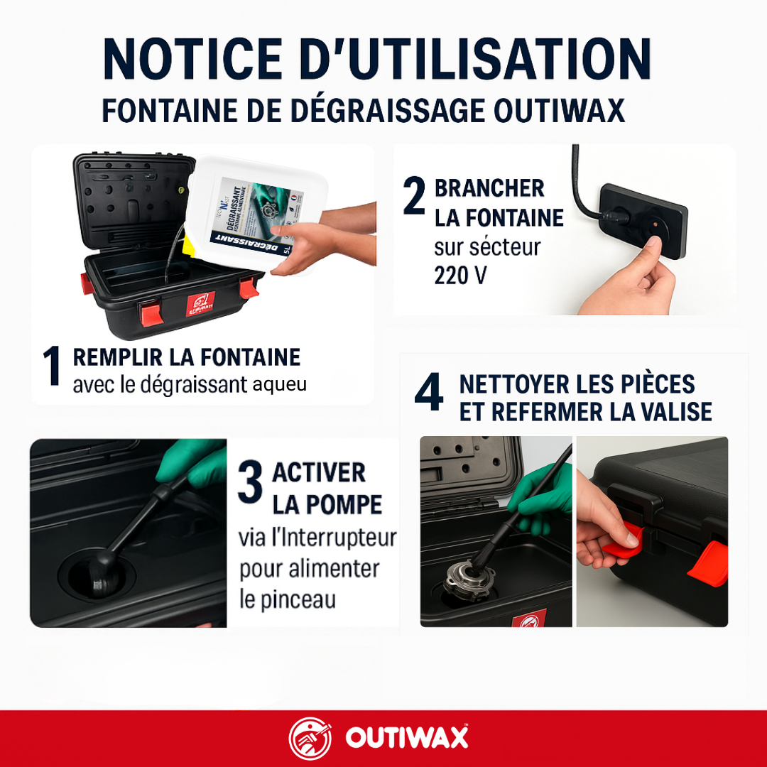 Notice d'utilisation de la fontaine de dégraissage Outiwax avec étapes de remplissage, branchement, activation de la pompe et nettoyage des pièces mécaniques.