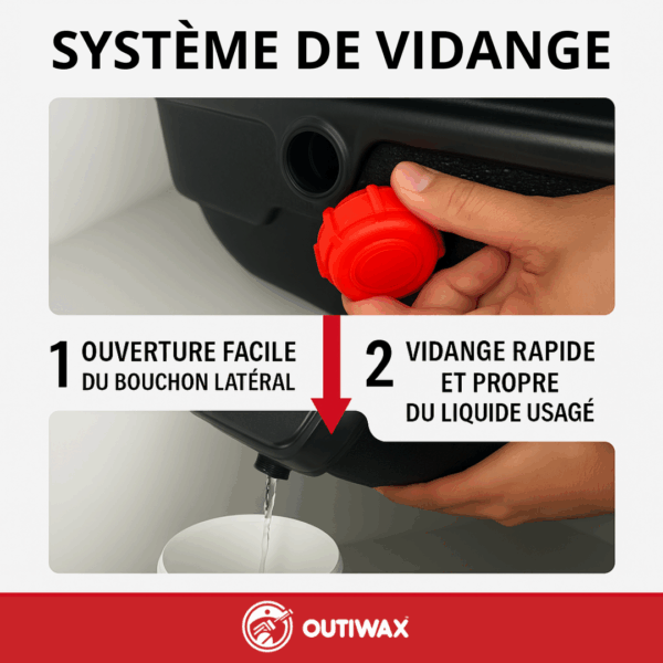 Système de vidange de la fontaine de dégraissage Outiwax avec ouverture du bouchon latéral et évacuation propre du liquide usagé.