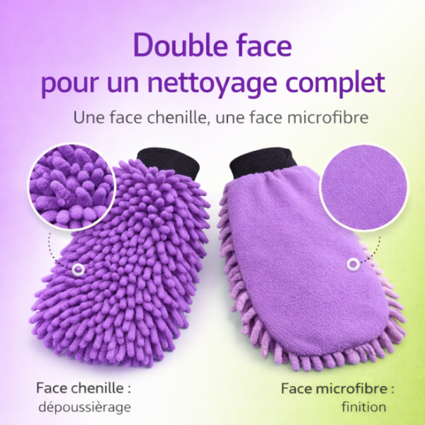Gant microfibre double face avec une face chenille pour dépoussiérage et une face microfibre pour finition