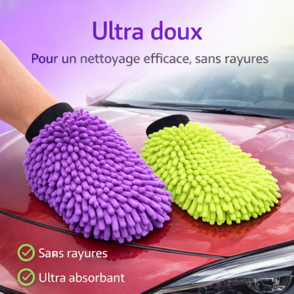 Gants microfibre ultra doux violet et vert pour nettoyer la voiture sans rayer la carrosserie