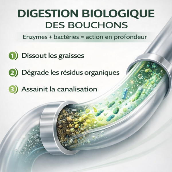 Schéma digestion biologique des bouchons enzymes et bactéries pour assainir la canalisation