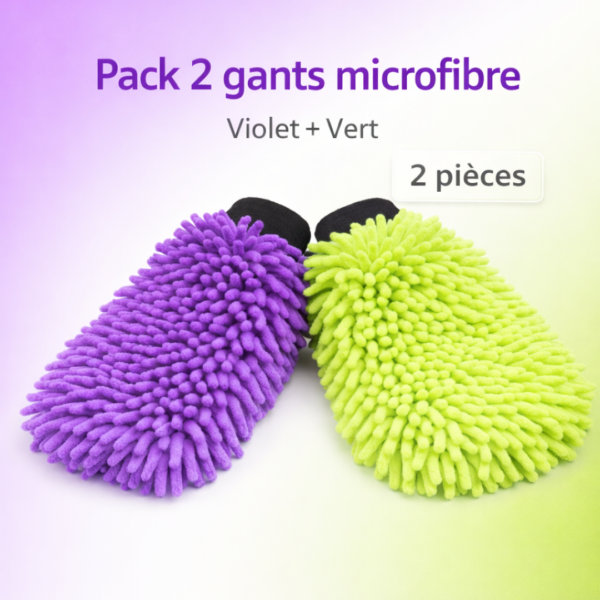 Pack 2 gants microfibre violet et vert – lot de 2 pièces
