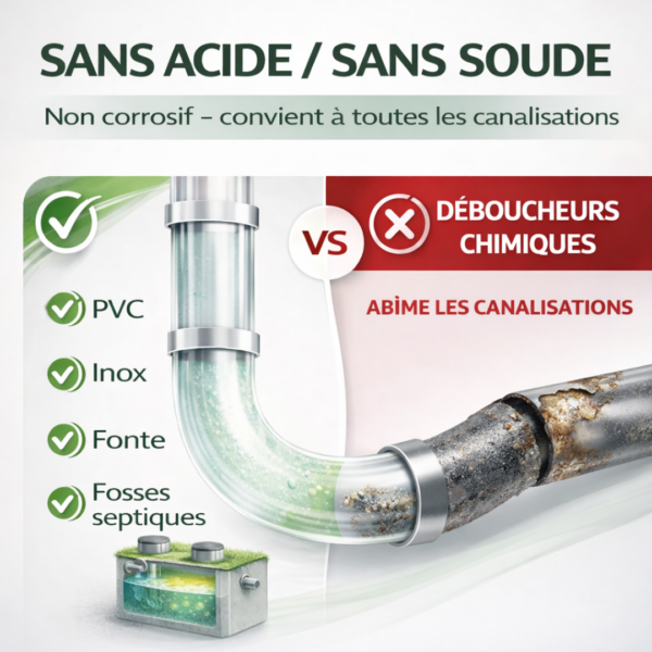 Visuel sans acide sans soude déboucheur biologique non corrosif compatible PVC inox fonte fosses septiques