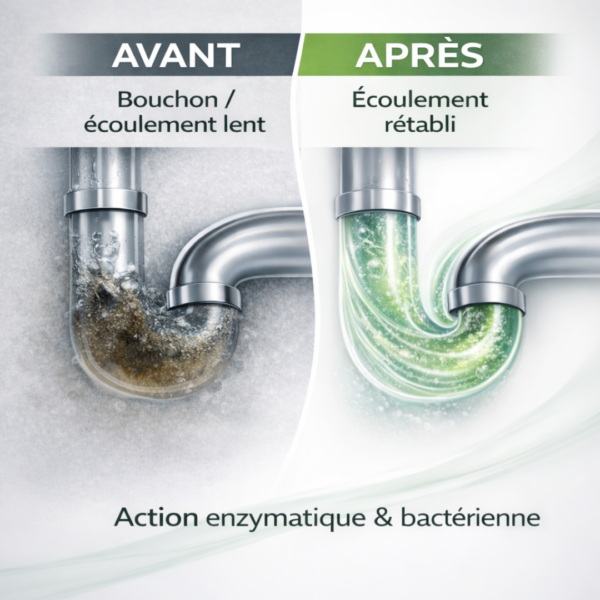 Visuel avant après déboucheur biologique canalisation écoulement rétabli grâce à l’action enzymatique et bactérienne