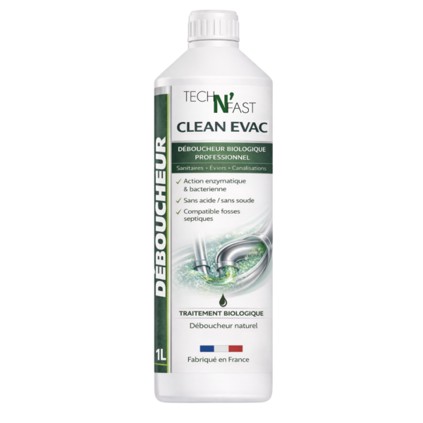 Bouteille CLEAN EVAC TECH N’FAST 1L déboucheur biologique pour canalisations