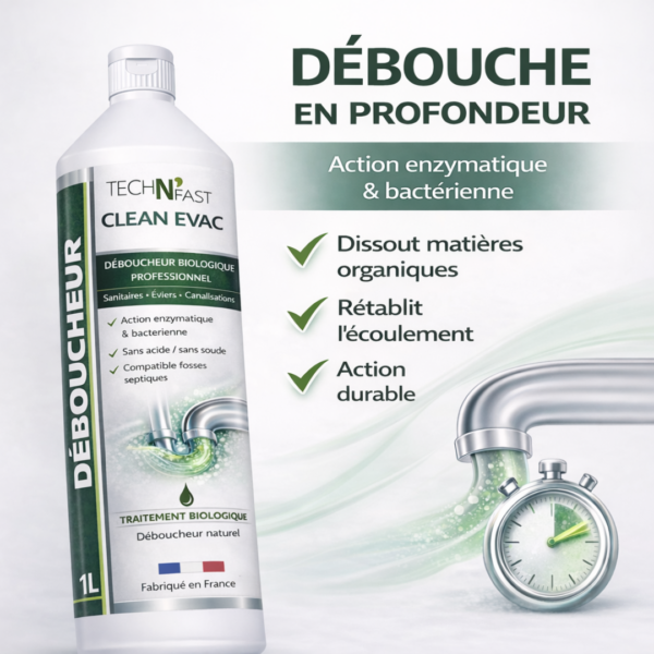 Visuel CLEAN EVAC déboucheur enzymatique biologique débouche en profondeur et rétablit l’écoulement