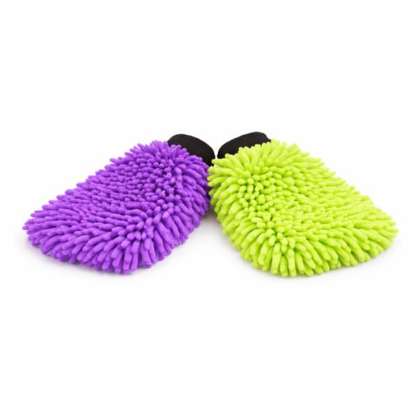 Lot de 2 gants microfibre double face violet et vert pour nettoyage voiture et maison