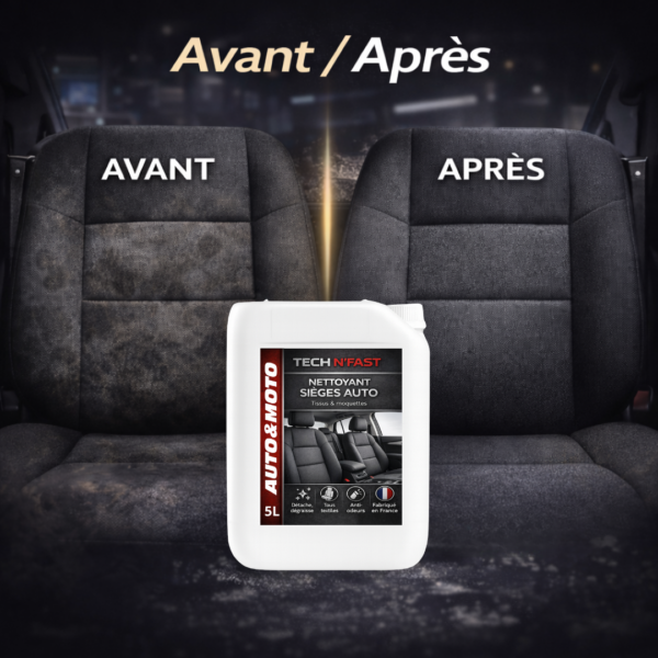 Avant après siège auto tissu nettoyé avec TECH N’FAST nettoyant sièges auto 5L
