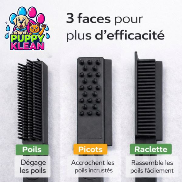 Brosse anti poils animaux Puppyklean avec trois faces : poils, picots et raclette pour un nettoyage efficace