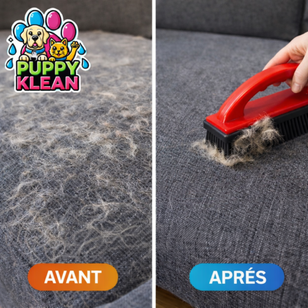 Avant après nettoyage des poils de chien et de chat sur un canapé avec la brosse anti poils PuppyKlean