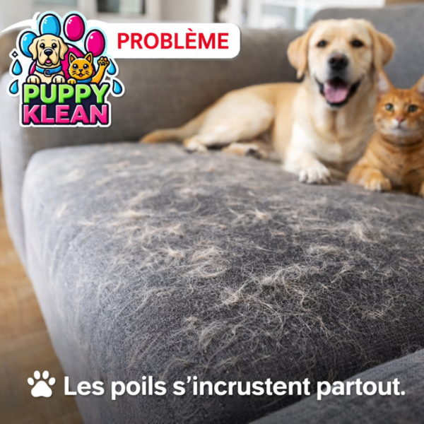 Canapé couvert de poils de chien et de chat avec animaux allongés, problème de poils incrustés dans les textiles