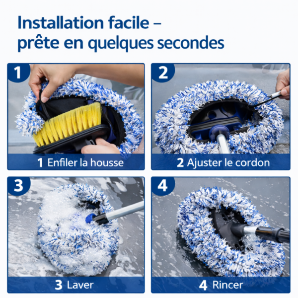 Installation de la housse de brosse de lavage voiture en microfibre en 4 étapes