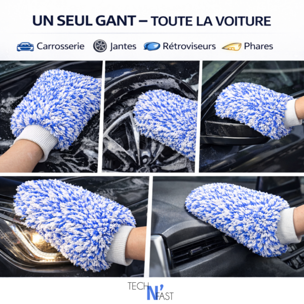 Gant de lavage voiture microfibre utilisé sur carrosserie, jantes et intérieur du véhicule