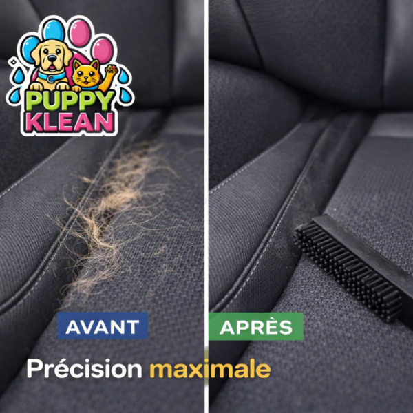 Avant après brosse anti poils animaux Puppyklean sur siège avec poils incrustés dans les coutures