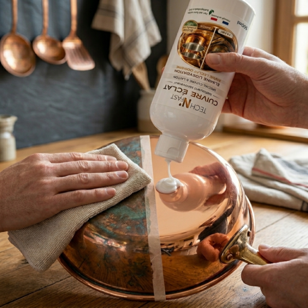 Application nettoyant cuivre sur casserole enlève vert de gris et ravive brillance