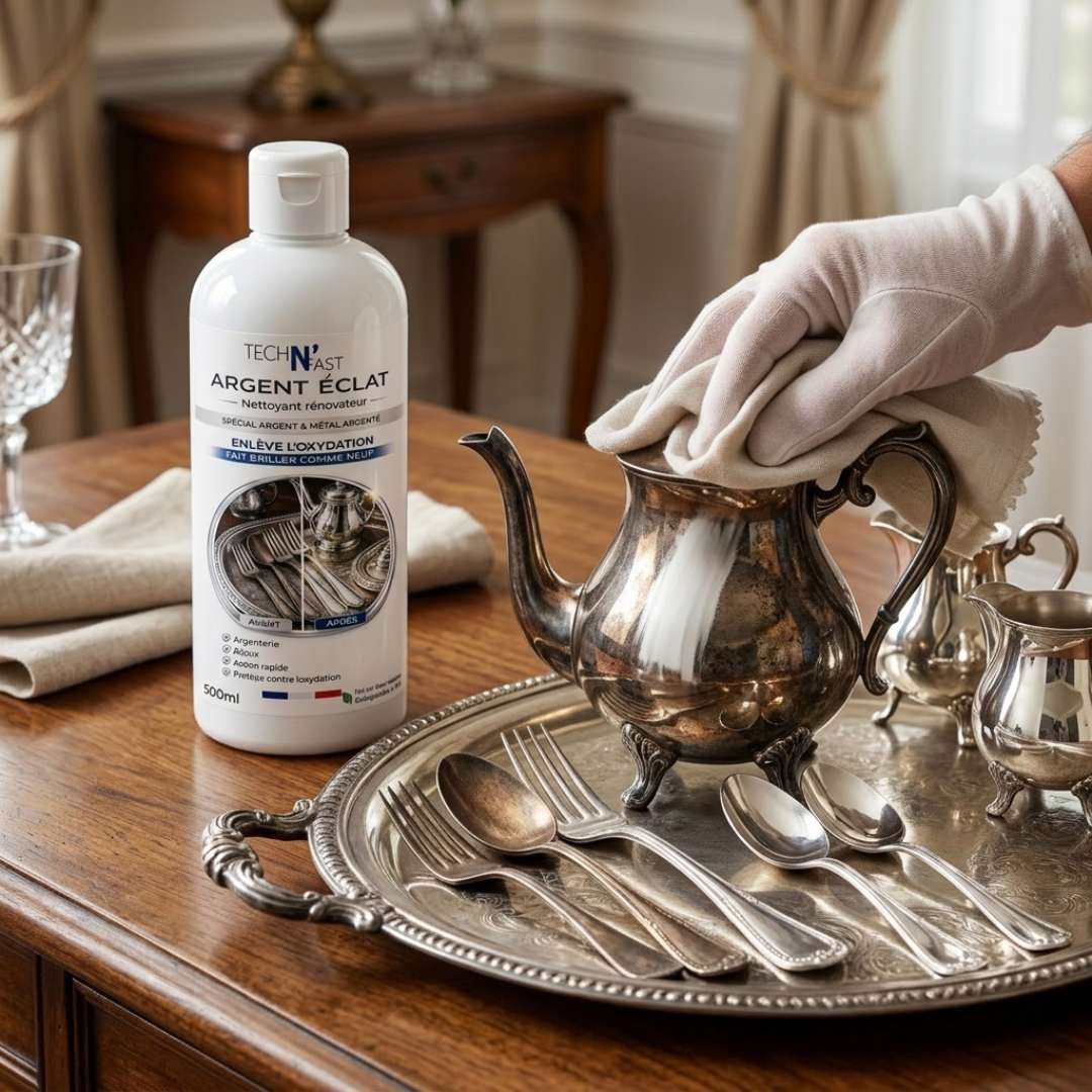 Flacon de nettoyant argent TECH N’FAST posé sur une table à côté d’argenterie en cours de nettoyage avec un chiffon.