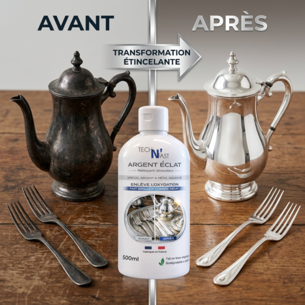 Comparaison avant/après d’une théière et de couverts en argent nettoyés avec le rénovateur TECH N’FAST Argent Éclat.