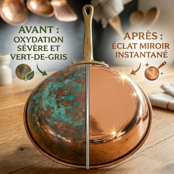 avant après nettoyant cuivre enlève vert de gris et ravive brillance casserole cuivre