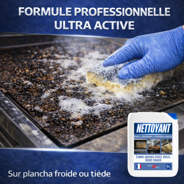 Dégraissant plancha professionnel en action – nettoyage graisse brûlée sur plancha froide ou tiède