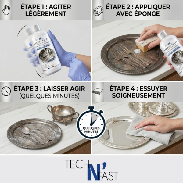 Mode d’emploi du nettoyant argent TECH N’FAST en 4 étapes : agiter, appliquer avec une éponge, laisser agir puis essuyer.