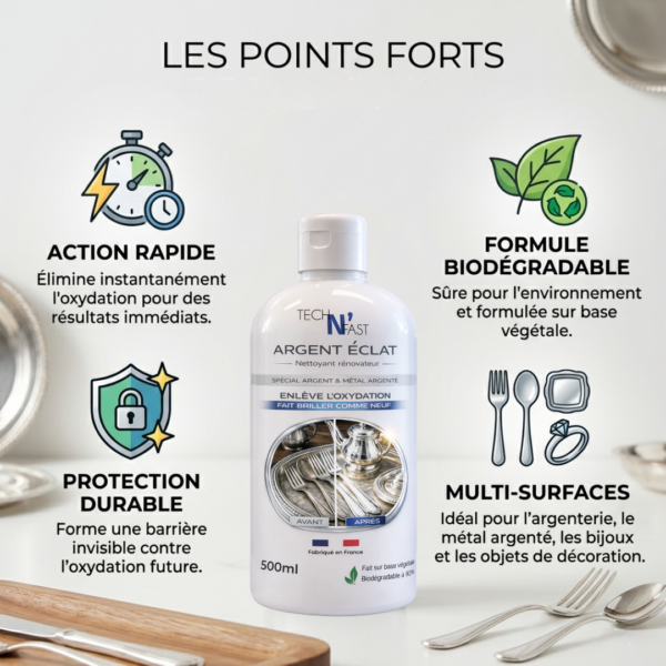 Flacon de nettoyant argent TECH N’FAST avec ses points forts : action rapide, formule biodégradable, protection durable et utilisation multi-surfaces.