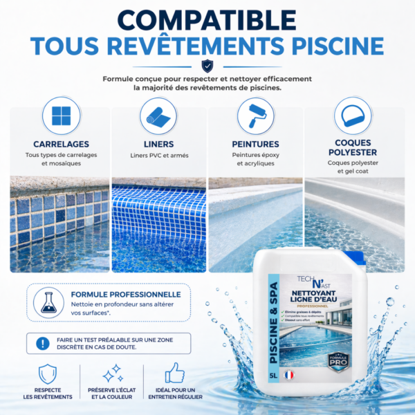 Compatibilité nettoyant ligne d’eau piscine carrelage liner peinture coque polyester